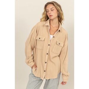 Double Zero Taupe Waffle Oversized Button Up Shacket Sz Small Relaxed Fit